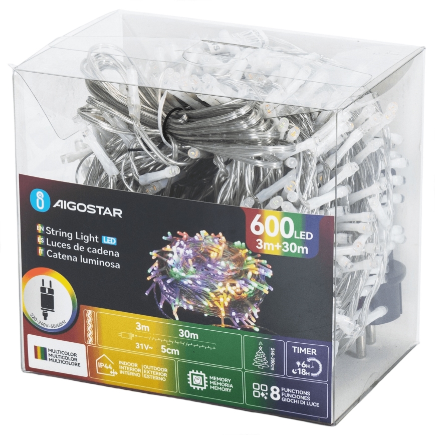 Aigostar - LED udendørs lyskæde 600 x LED / 8 funktioner, 30 m, IP44, multifarvet