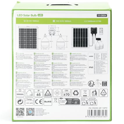 Aigostar - LED solcelle-lysekrone 2x LED/70W/12V 12000 mAh 6500K IP65 Ø 12 cm + fjernbetjening