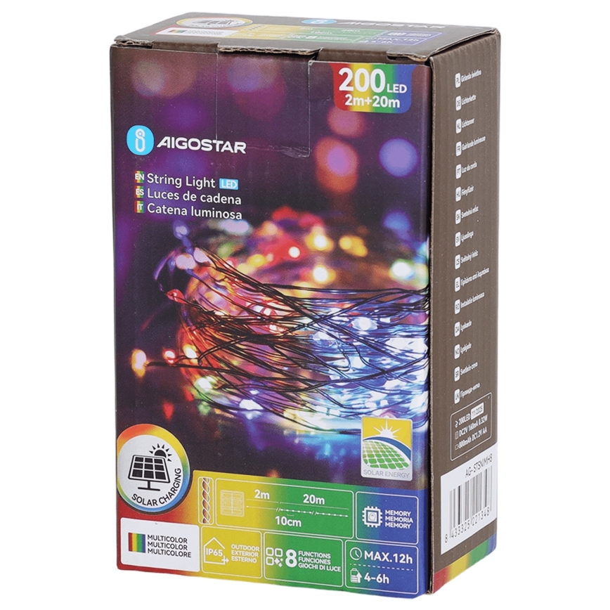Aigostar - LED solcelle-lyskæde 200xLED/8 funktioner 22 m IP65 multifarvet 800 mAh