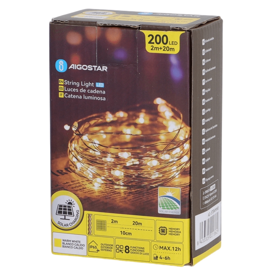 Aigostar - LED solcelle-lyskæde 200xLED/8 funktioner 22 m IP65 varm hvid 800 mAh
