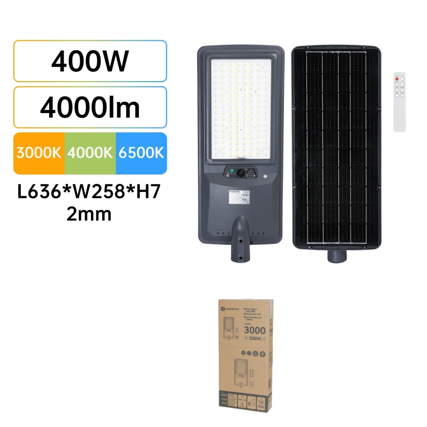 Aigostar - LED solcelledrevet gadelampe med sensor LED/400W/3,2V 4800mAh + fjernbetjening