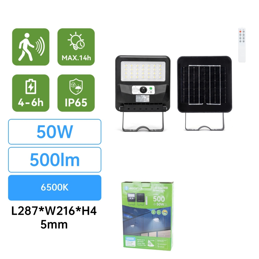 Aigostar - LED solcelledrevet gadelampe med sensor LED/50W/3,2V 1000mAh 6500K + fjernbetjening