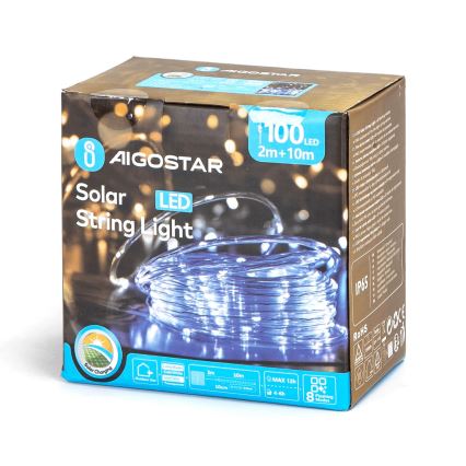 Aigostar - LED solcelledrevet julelyskæde 100xLED/8 funktioner 12m IP65 kold hvid 800 mAh