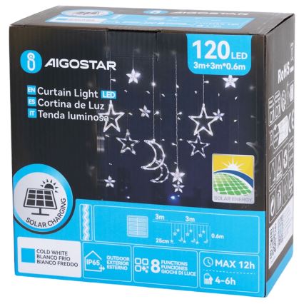 Aigostar - LED solcelle-julelyskæde 120xLED/8 funktioner 3x0,6m 500 mAh IP65 kold hvid