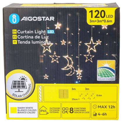 Aigostar - LED solcelledrevet julelyskæde 120 LED/8 funktioner 3 x 0,6 m 500 mAh IP65 varm hvid
