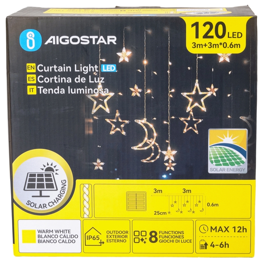 Aigostar - LED solcelledrevet julelyskæde 120 LED/8 funktioner 3 x 0,6 m 500 mAh IP65 varm hvid