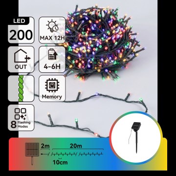 Aigostar - LED solcelledrevet julelyskæde 200x LED / 8 funktioner, 22 m, IP65, multifarvet, 800 mAh