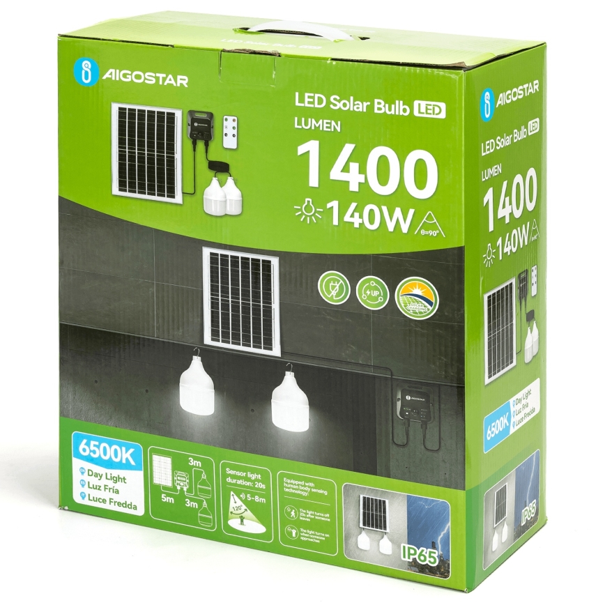 Aigostar - LED solcelledrevet lysekrone med sensor 2xLED/70W/12V 12000 mAh 6500K IP65 Ø 12 cm + fjernbetjening