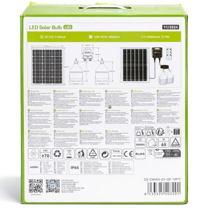 Aigostar - LED solcelledrevet lysekrone med sensor 2xLED/70W/12V 12000 mAh 6500K IP65 Ø 12 cm + fjernbetjening