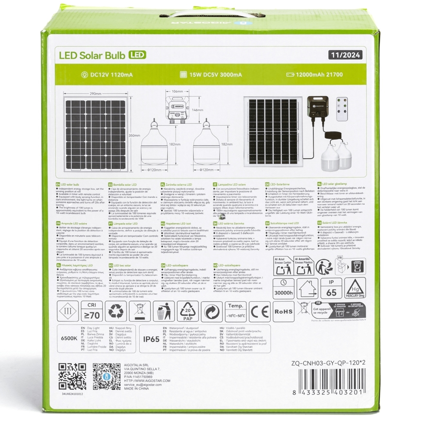 Aigostar - LED solcelledrevet lysekrone med sensor 2xLED/70W/12V 12000 mAh 6500K IP65 Ø 12 cm + fjernbetjening