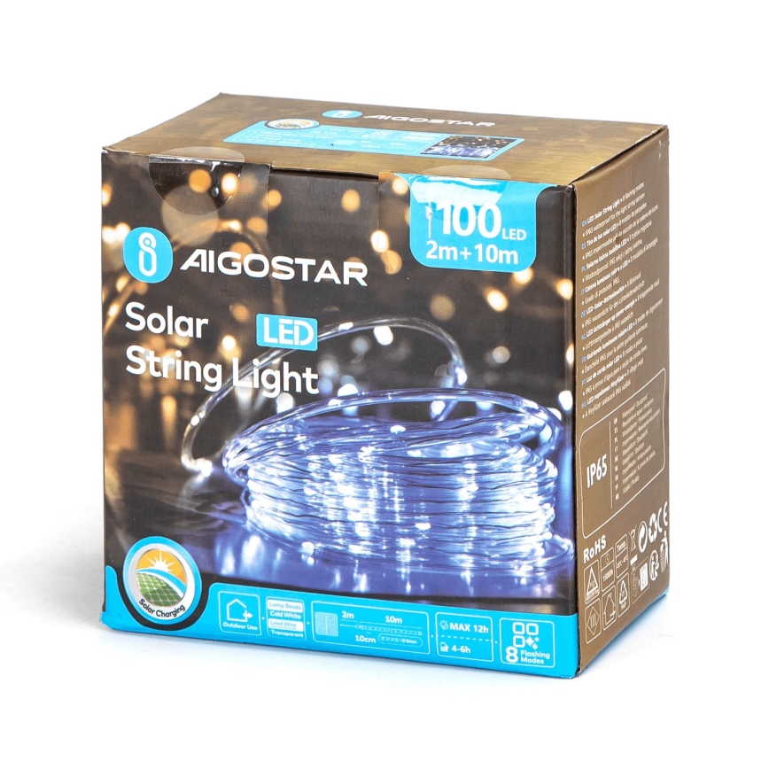 Aigostar - LED solcelledrevet lyskæde 100 LED / 8 funktioner, 12 m, IP65, kold hvid, 800 mAh