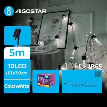 Aigostar - LED solcelledrevet lyskæde 10xLED/8 funktioner 6,5m 500 mAh IP65 kølig hvid