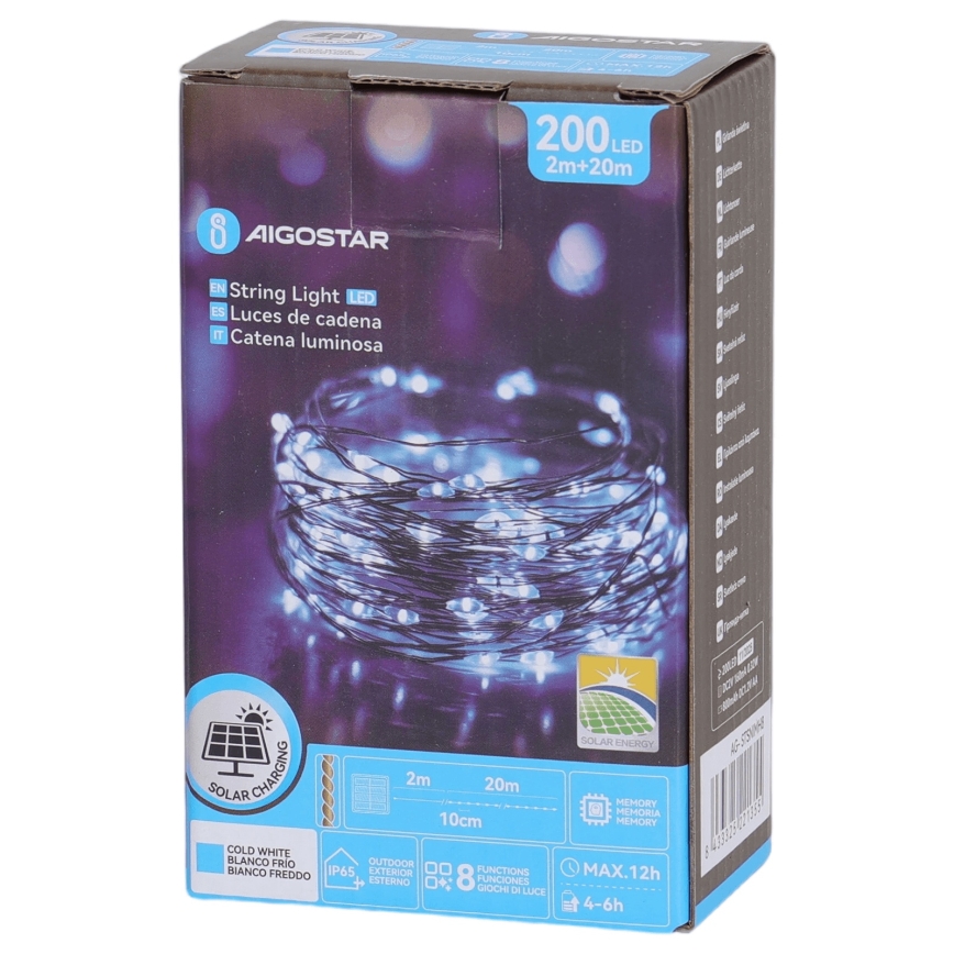 Aigostar - LED solcelle-lyskæde 200 LED / 8 funktioner 22 m IP65 kold hvid 800 mAh