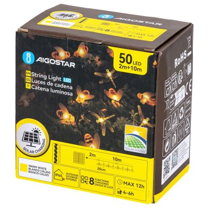 Aigostar - LED solcelledrevet dekorationskæde 50xLED/8 funktioner 10 m 800 mAh IP65 varm hvid