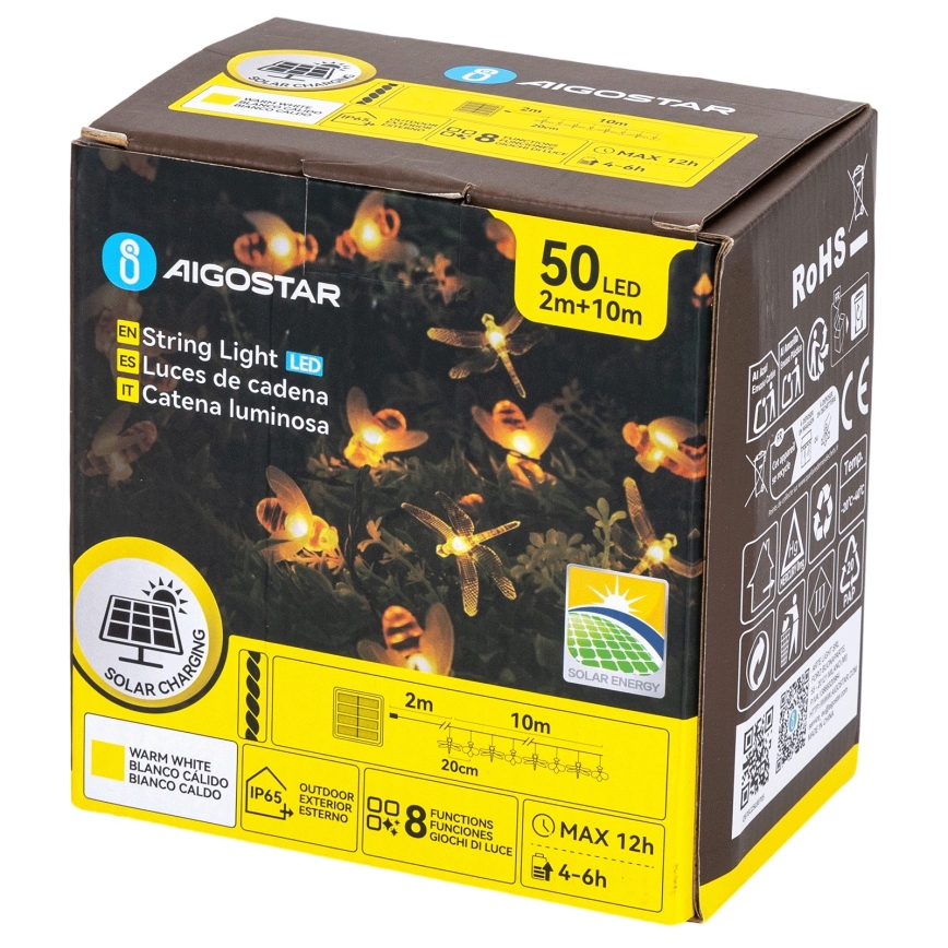 Aigostar - LED solcelledrevet dekorationskæde 50xLED/8 funktioner 10 m 800 mAh IP65 varm hvid