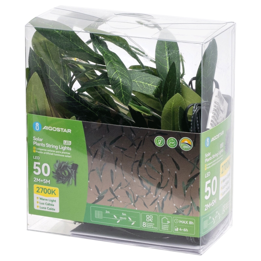 Aigostar - LED Solcellekæde 50xLED/7m IP65 300 mAh varm hvid olive