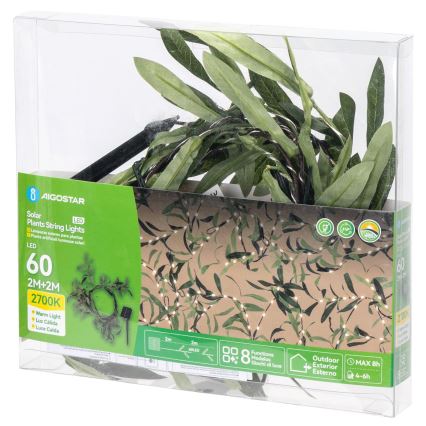 Aigostar - LED Solarlampekæde 60xLED/4m IP65 300 mAh varm hvid olive