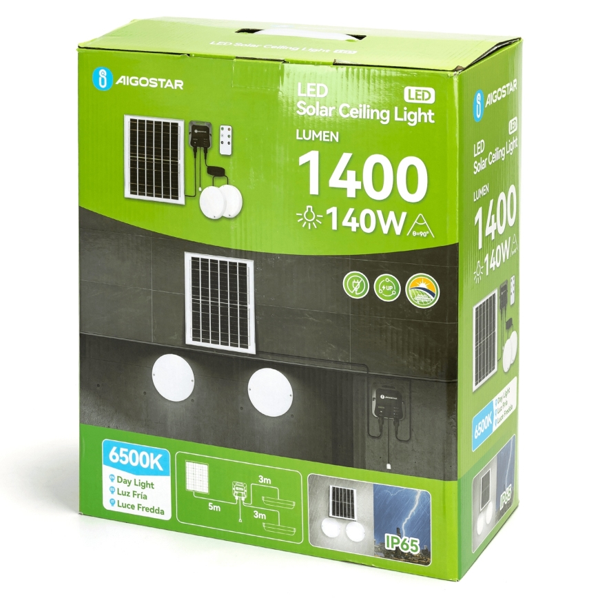 Aigostar - LED solcellelampe 2xLED/70W/12V 12000 mAh 6500K diameter 20,5 cm + fjernbetjening