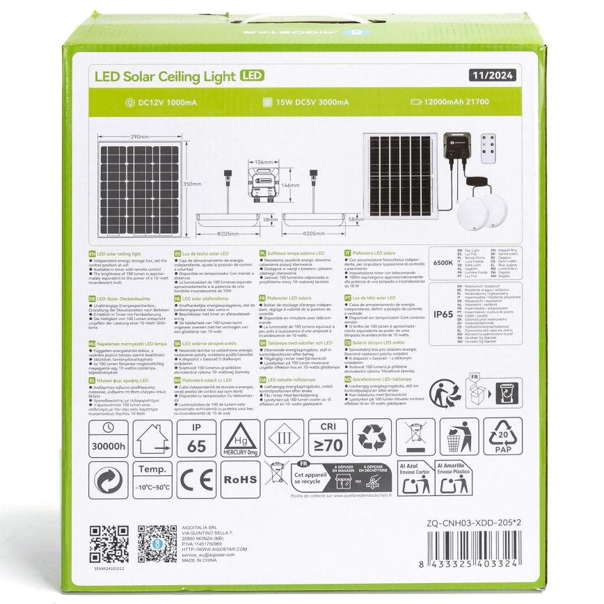 Aigostar - LED solcellelampe 2xLED/70W/12V 12000 mAh 6500K diameter 20,5 cm + fjernbetjening