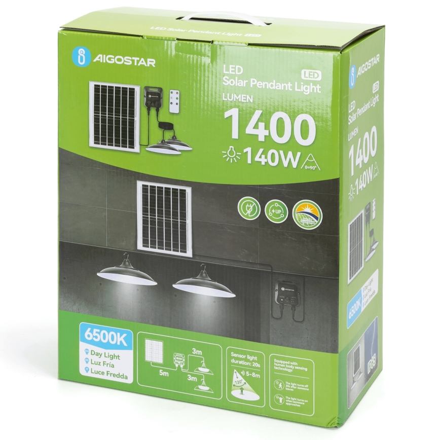 Aigostar - LED solcelledrevet lysekrone med sensor 2x LED / 70W / 12V 12000 mAh 6500K IP65 Ø 23,5 cm + fjernbetjening
