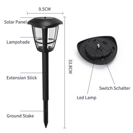 Aigostar - LED solcellelampe LED/0,06W/2V 100 mAh 33,8 cm 6500K IP44 sort