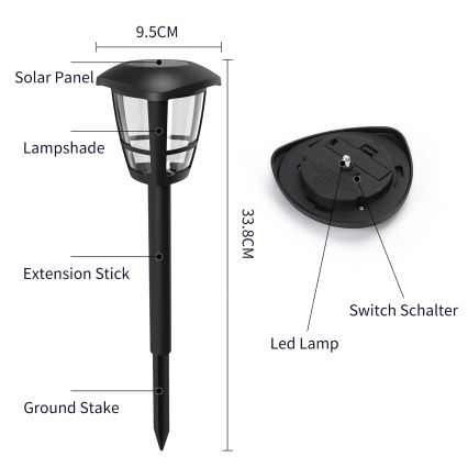 Aigostar - LED solcellelampe LED/0,06W/2V 33,8 cm 6500K IP44 sort