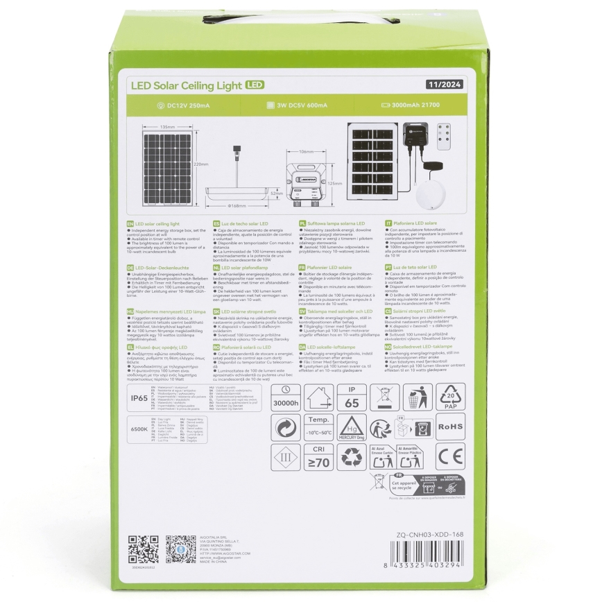 Aigostar - LED solcellelampe LED/35W/12V 3000 mAh 6500K diameter 16,8 cm + fjernbetjening