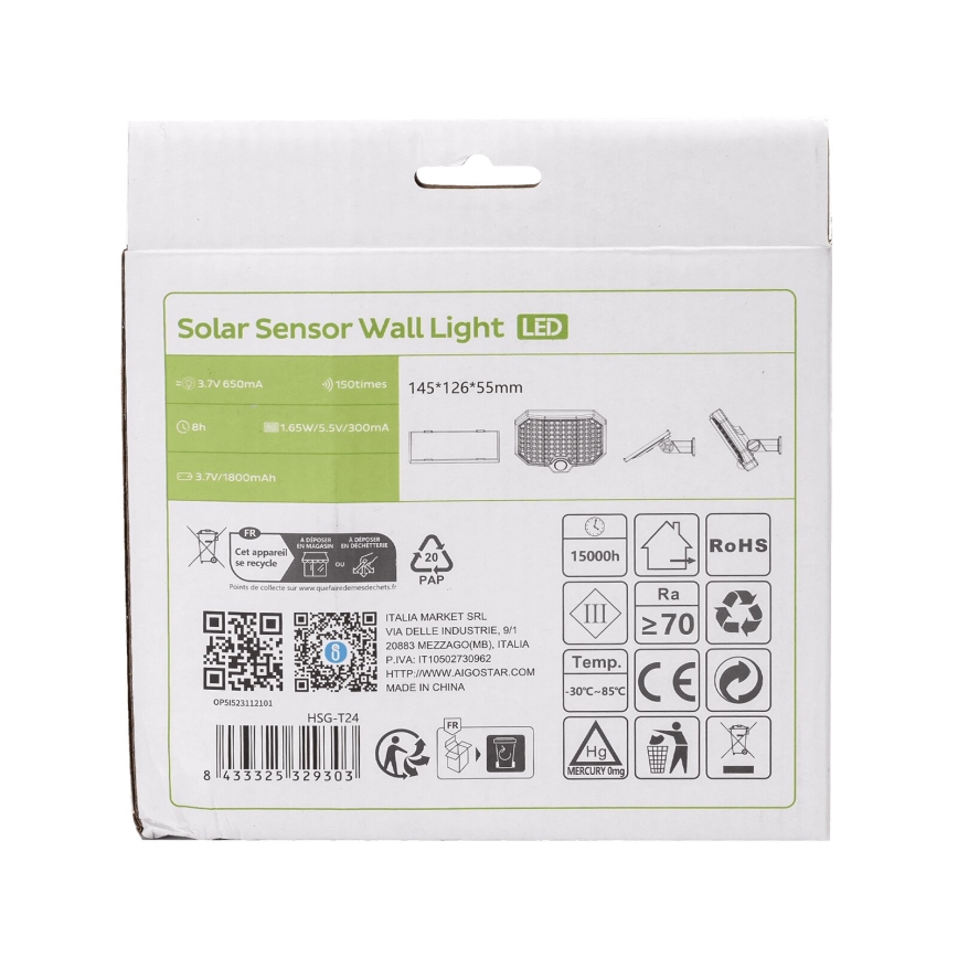 Aigostar - LED Solcellelampe med bevægelsessensor LED/2,4W/3,7V IP65