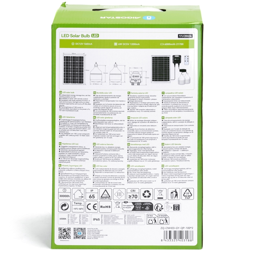 Aigostar - LED-solcelle-lysekrone med sensor 2xLED/35W/12V 6000 mAh 6500K IP65 pr. 10 cm + fjernbetjening