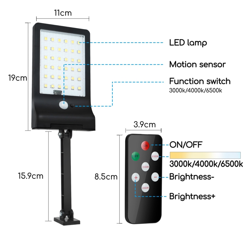 Aigostar - LED dæmpbar solcellelampe med sensor LED/2,3W/5,5V IP65 1800 mAh + fjernbetjening