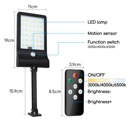 Aigostar - LED solcellelampe med sensor dæmpbar LED/2,3W/5,5V IP65 1800 mAh + fjernbetjening