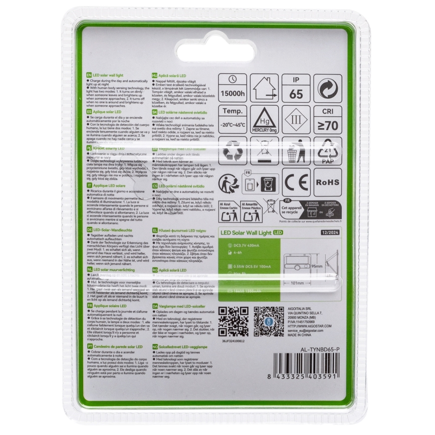 Aigostar - LED solcellelampe med sensor LED/3,7V 6500K 1200 mAh IP65 sort