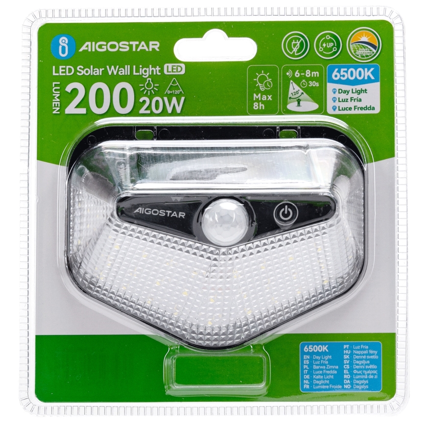 Aigostar - LED solcellelampe med sensor LED/3,7V 6500K 500 mAh IP65 sort
