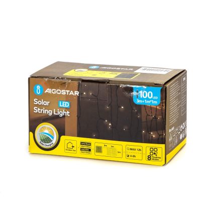 Aigostar - LED solcelledrevet lyskæde 100xLED/8 funktioner 4x1m IP65 varm hvid 800 mAh