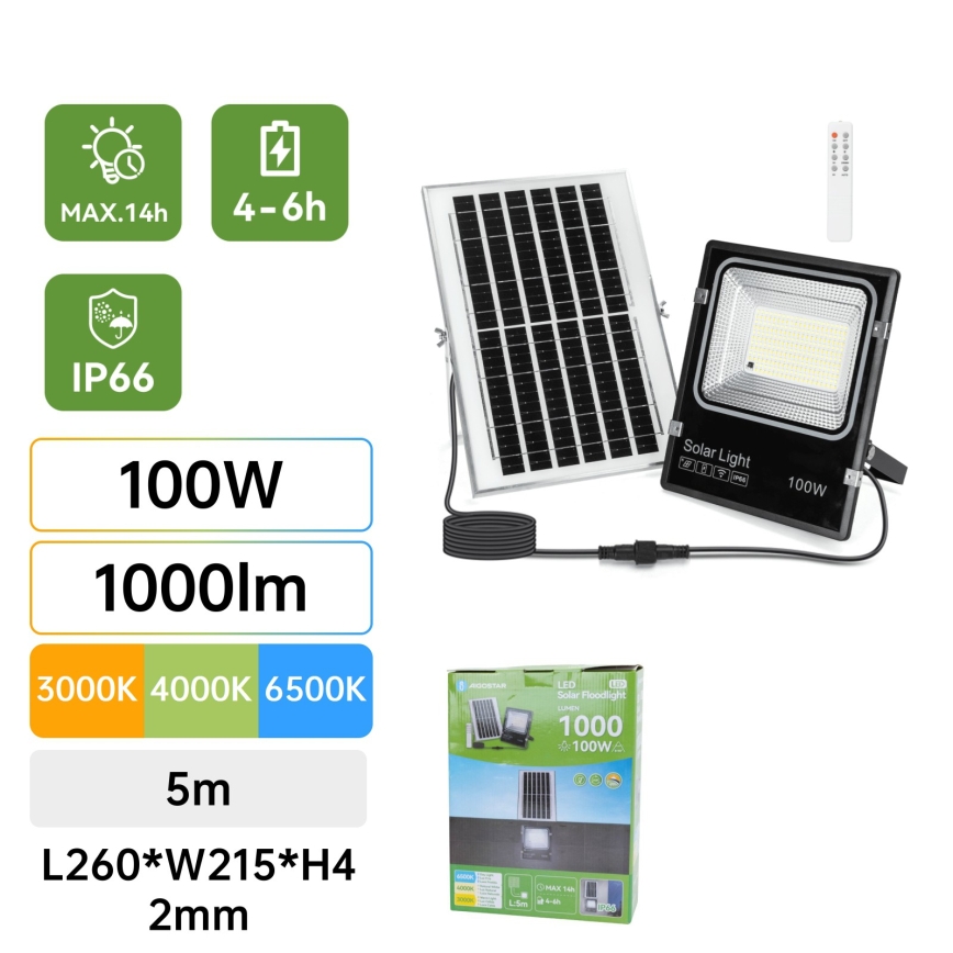 Aigostar - LED solcelleprojektør LED/100W/3,2V 2000mAh 3000K/4000K/6500K IP66 + fjernbetjening