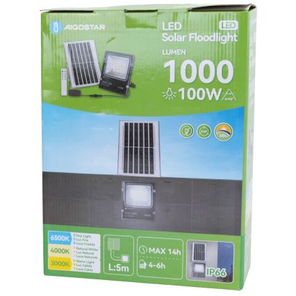 Aigostar - LED solcelleprojektør LED/100W/3,2V 2000mAh 3000K/4000K/6500K IP66 + fjernbetjening