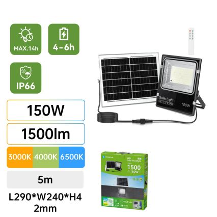 Aigostar - LED Solcelle-reflektor LED/150W/3,2V 3000mAh 3000K/4000K/6500K IP66 + fjernbetjening
