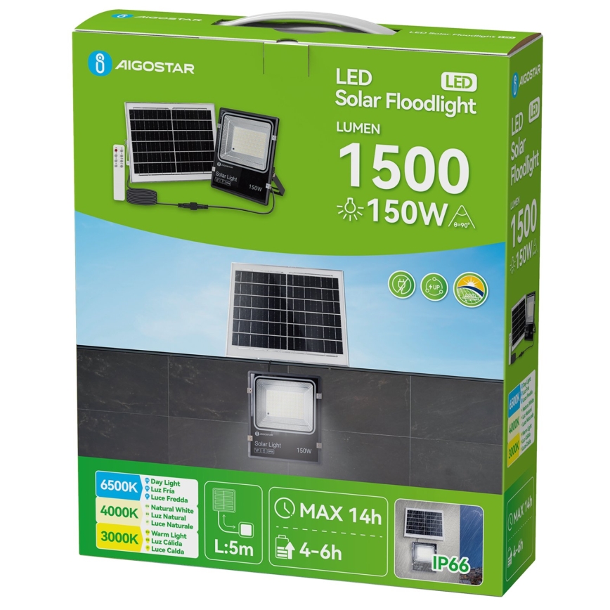 Aigostar - LED Solcelle-reflektor LED/150W/3,2V 3000mAh 3000K/4000K/6500K IP66 + fjernbetjening