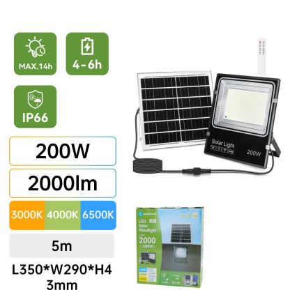 Aigostar - LED solcelleprojektør LED/200W/3,2V 3600mAh 3000K/4000K/6500K IP66 + fjernbetjening