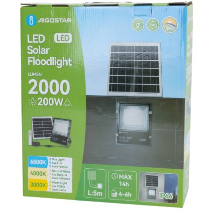 Aigostar - LED solcelleprojektør LED/200W/3,2V 3600mAh 3000K/4000K/6500K IP66 + fjernbetjening