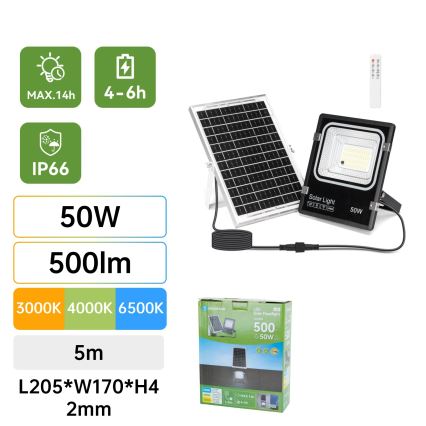Aigostar - LED solreflektor LED/50W/3,2V 1200mAh 3000K/4000K/6500K IP66 + fjernbetjening