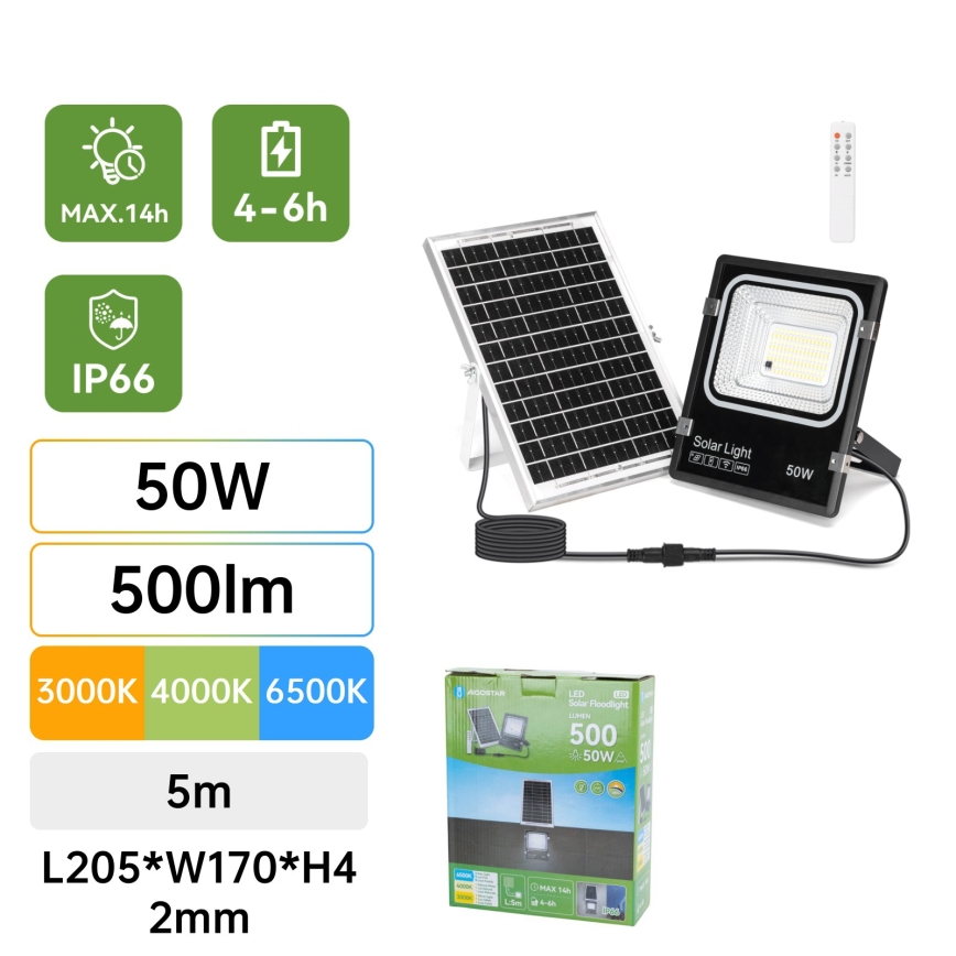 Aigostar - LED solreflektor LED/50W/3,2V 1200mAh 3000K/4000K/6500K IP66 + fjernbetjening