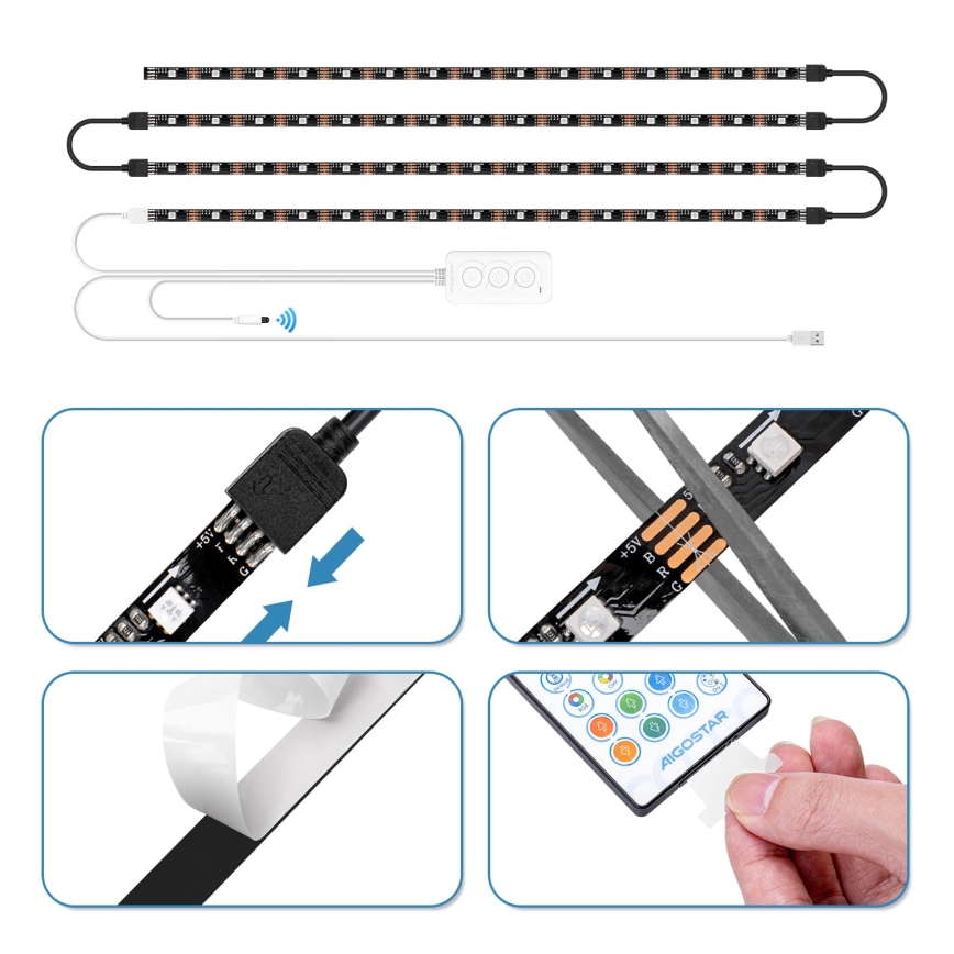 Aigostar - LED strip m. RGB-farver dæmpbart 4x0,5 m LED/4,5W/5V Wi-Fi + fjernbetjening