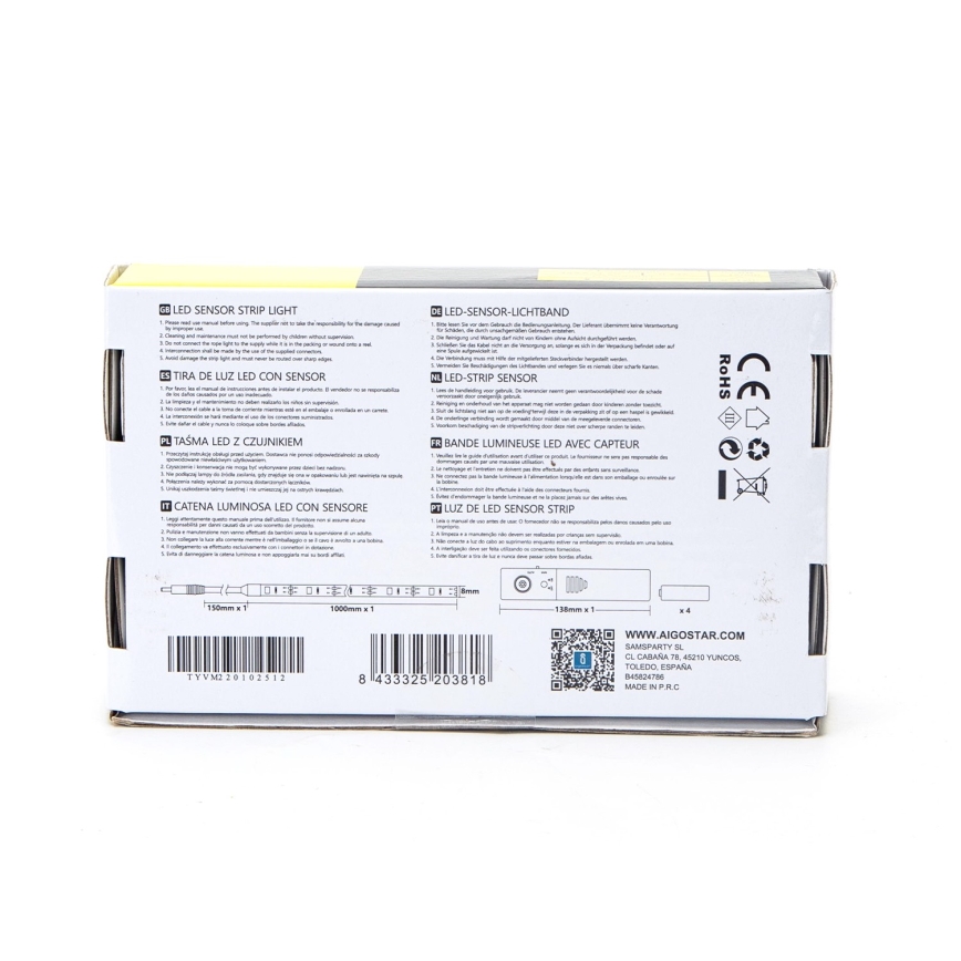 Aigostar - LED strip med sensor dæmpbar 1 m LED/2W/4xAAA 3000K IP65