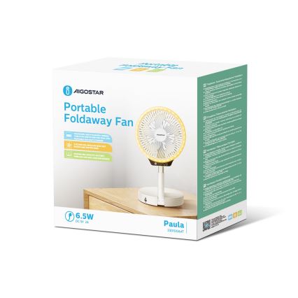 Aigostar - LED trådløs sammenklappelig ventilator med USB-port 6,5W/5V 8000 mAh