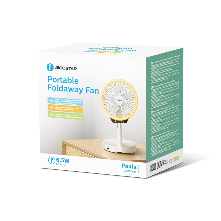 Aigostar - LED trådløs sammenklappelig ventilator med USB-port 6,5W/5V 8000 mAh