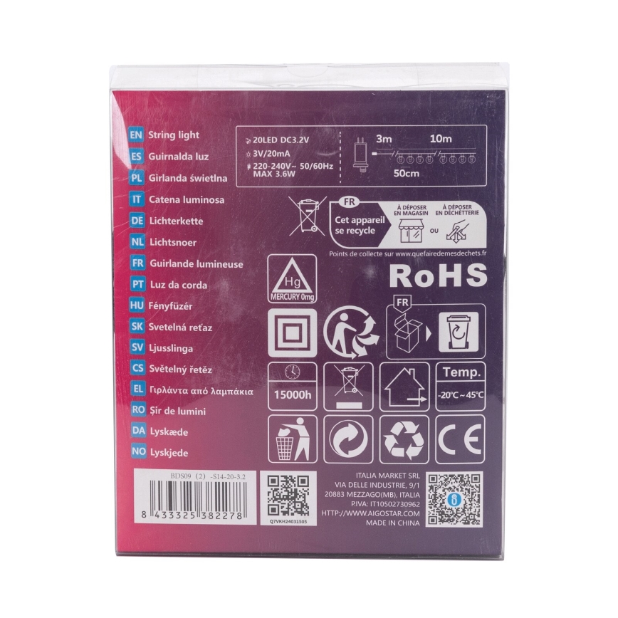Aigostar - LED udendørs dekorationskæde 20xLED/13m IP44 kold hvid