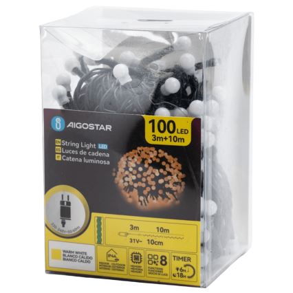 Aigostar - LED udendørs dekorationslyskæde 100 LED/8 funktioner 10 m IP44 varmhvid