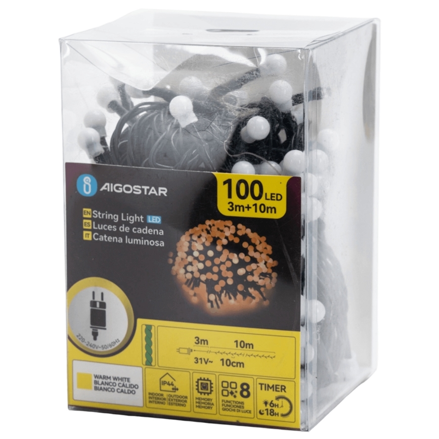 Aigostar - LED udendørs dekorationslyskæde 100 LED/8 funktioner 10 m IP44 varmhvid