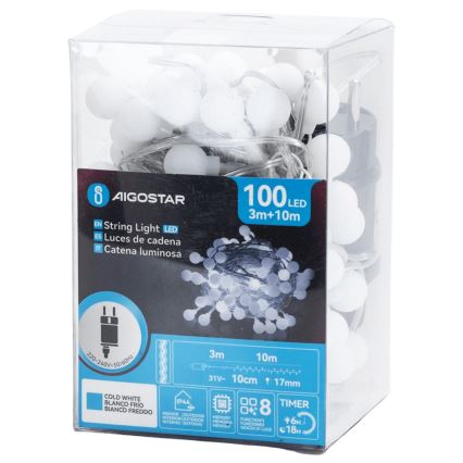 Aigostar - LED udendørs dekorationslyskæde 100 LED/8 funktioner 10 m IP44 kølig hvid
